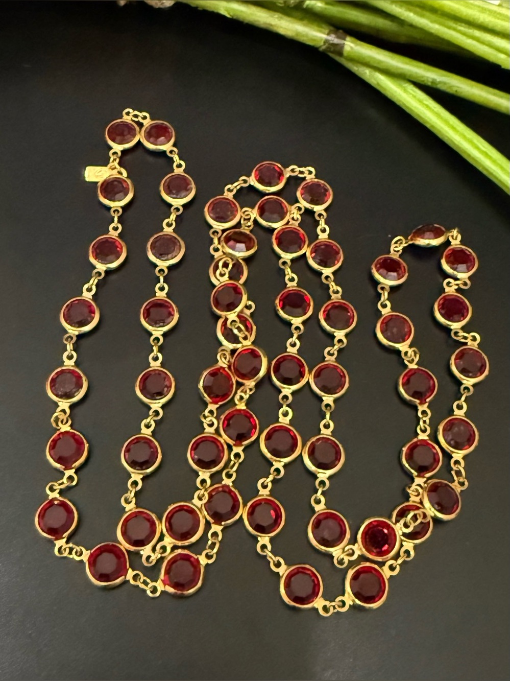 Vintage SWAROVSKI Swan Signed Bezel-set Ruby Red Crystals 31” Station Necklace